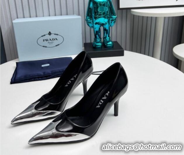 Buy Luxury Prada High Heel Pumps 8.5cm in Brushed Leather and Silver-Tone Glazed TPU Black 1227065