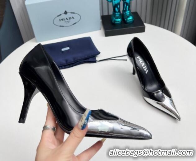 Buy Luxury Prada High Heel Pumps 8.5cm in Brushed Leather and Silver-Tone Glazed TPU Black 1227065