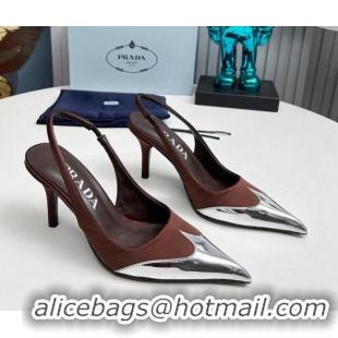 Popular Style Prada Slingback Pumps 8.5cm in Satin and Silver-Tone Glazed TPU Brown 1227066