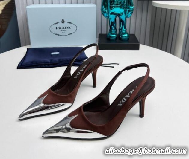 Popular Style Prada Slingback Pumps 8.5cm in Satin and Silver-Tone Glazed TPU Brown 1227066