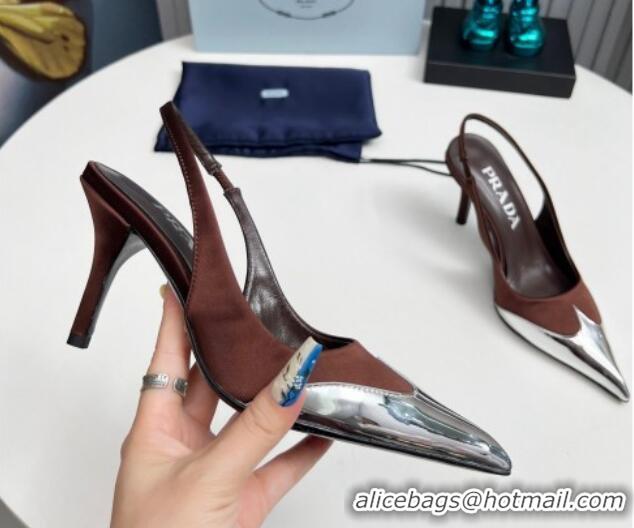 Popular Style Prada Slingback Pumps 8.5cm in Satin and Silver-Tone Glazed TPU Brown 1227066