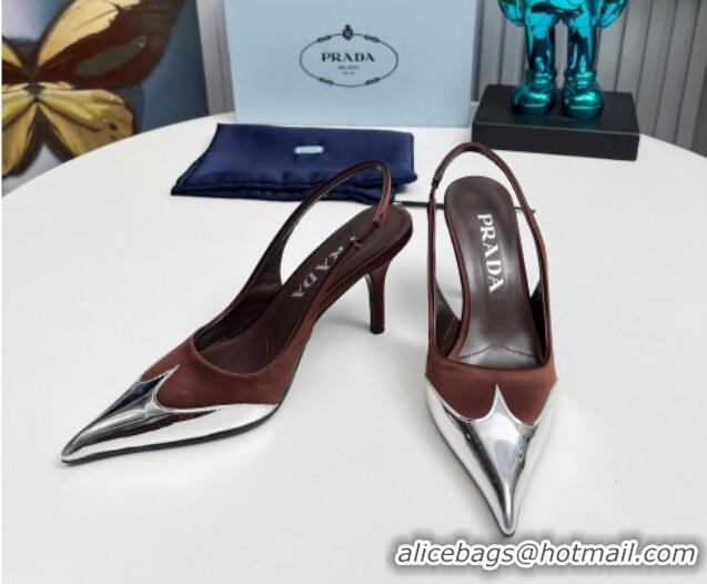 Popular Style Prada Slingback Pumps 8.5cm in Satin and Silver-Tone Glazed TPU Brown 1227066