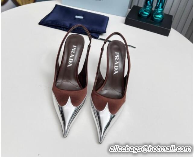 Popular Style Prada Slingback Pumps 8.5cm in Satin and Silver-Tone Glazed TPU Brown 1227066