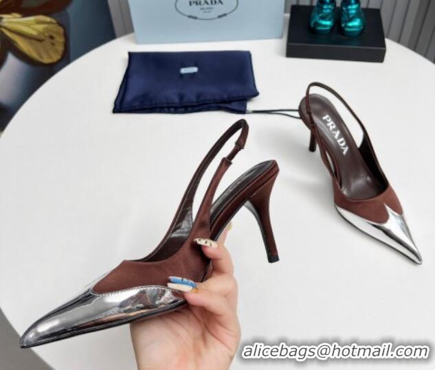 Popular Style Prada Slingback Pumps 8.5cm in Satin and Silver-Tone Glazed TPU Brown 1227066