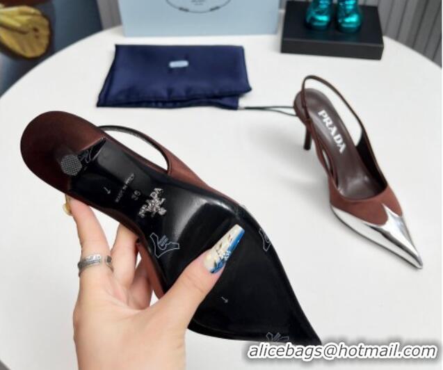 Popular Style Prada Slingback Pumps 8.5cm in Satin and Silver-Tone Glazed TPU Brown 1227066