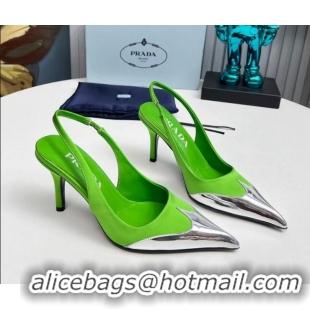 Luxury Cheap Prada Slingback Pumps 8.5cm in Satin and Silver-Tone Glazed TPU Green 1227067