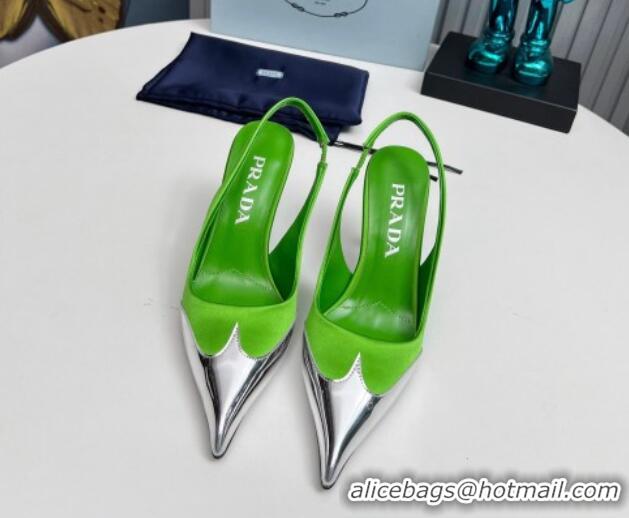 Luxury Cheap Prada Slingback Pumps 8.5cm in Satin and Silver-Tone Glazed TPU Green 1227067