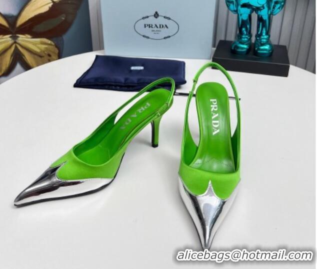 Luxury Cheap Prada Slingback Pumps 8.5cm in Satin and Silver-Tone Glazed TPU Green 1227067