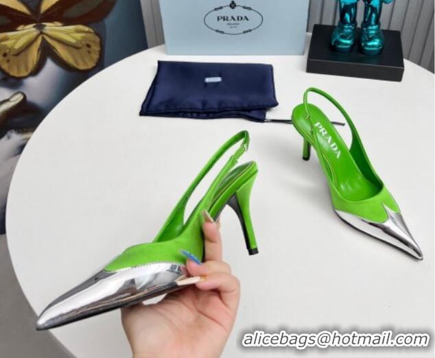 Luxury Cheap Prada Slingback Pumps 8.5cm in Satin and Silver-Tone Glazed TPU Green 1227067