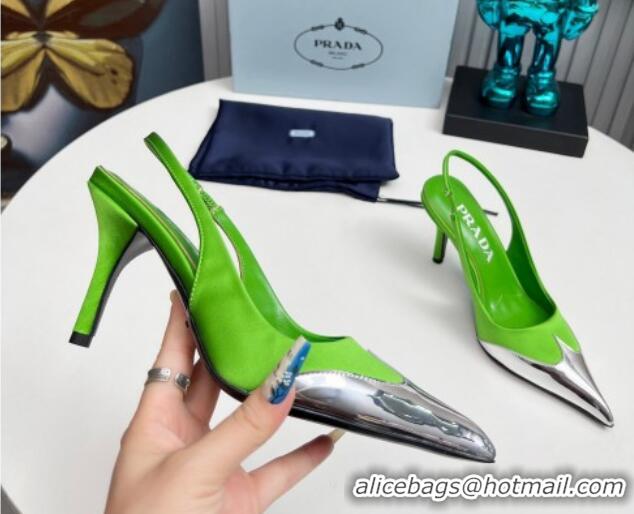 Luxury Cheap Prada Slingback Pumps 8.5cm in Satin and Silver-Tone Glazed TPU Green 1227067