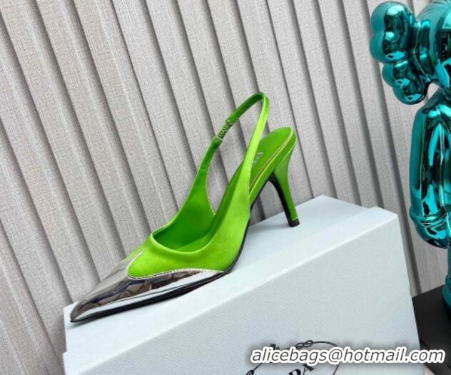 Luxury Cheap Prada Slingback Pumps 8.5cm in Satin and Silver-Tone Glazed TPU Green 1227067