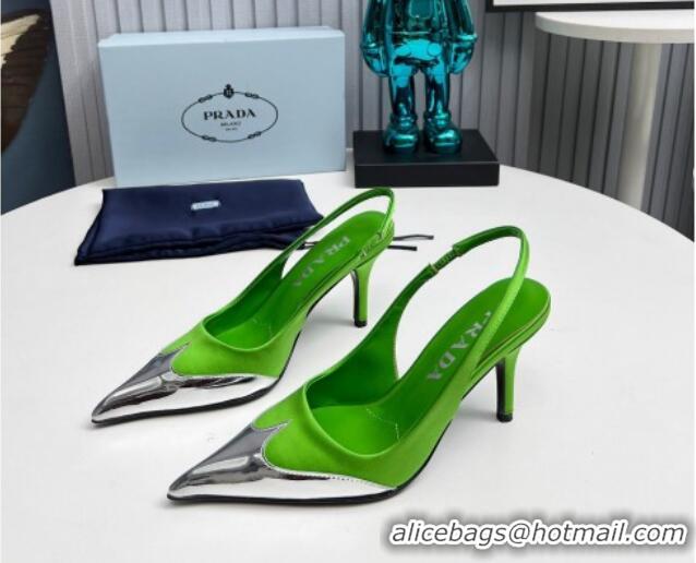 Luxury Cheap Prada Slingback Pumps 8.5cm in Satin and Silver-Tone Glazed TPU Green 1227067