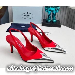 Luxury Prada Slingback Pumps 8.5cm in Satin and Silver-Tone Glazed TPU Red 1227068