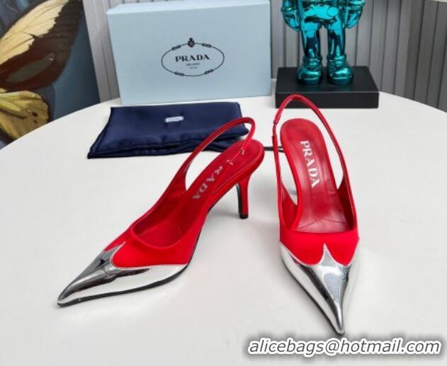 Luxury Prada Slingback Pumps 8.5cm in Satin and Silver-Tone Glazed TPU Red 1227068