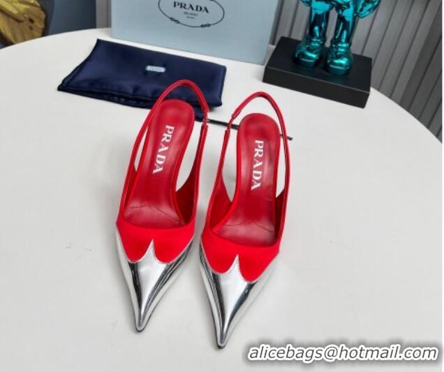 Luxury Prada Slingback Pumps 8.5cm in Satin and Silver-Tone Glazed TPU Red 1227068