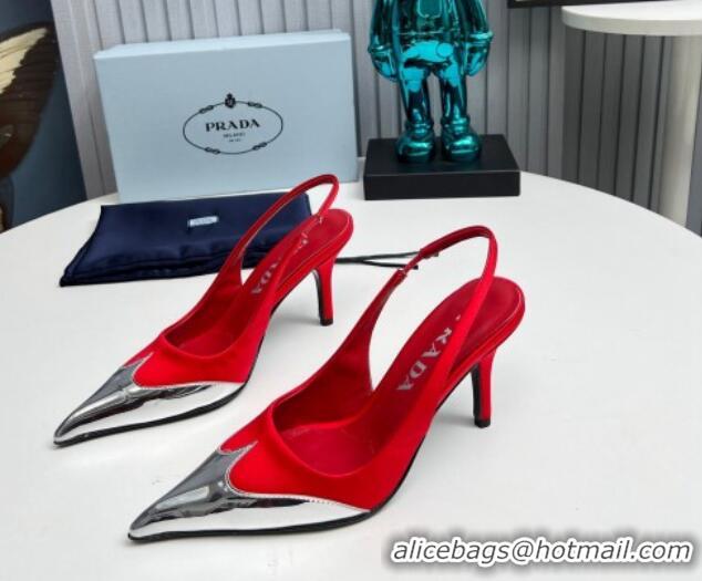 Luxury Prada Slingback Pumps 8.5cm in Satin and Silver-Tone Glazed TPU Red 1227068