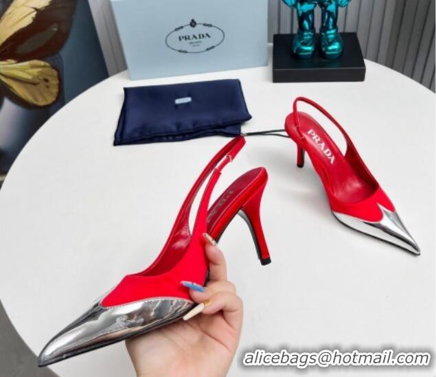 Luxury Prada Slingback Pumps 8.5cm in Satin and Silver-Tone Glazed TPU Red 1227068