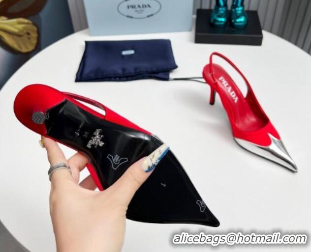 Luxury Prada Slingback Pumps 8.5cm in Satin and Silver-Tone Glazed TPU Red 1227068