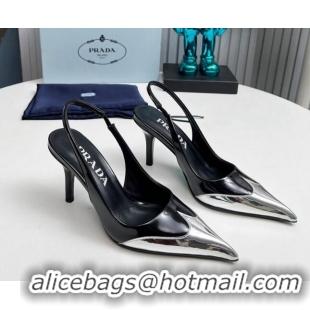 Buy Luxury Prada Slingback Pumps 8.5cm in Brushed Leather and Silver-Tone Glazed TPU Black 1227069