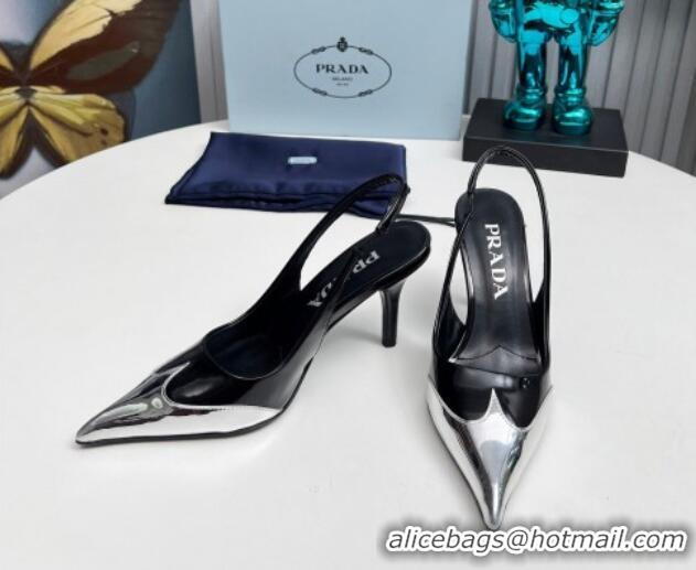 Buy Luxury Prada Slingback Pumps 8.5cm in Brushed Leather and Silver-Tone Glazed TPU Black 1227069