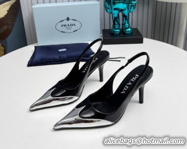 Buy Luxury Prada Slingback Pumps 8.5cm in Brushed Leather and Silver-Tone Glazed TPU Black 1227069