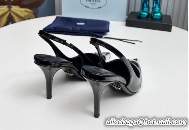 Buy Luxury Prada Slingback Pumps 8.5cm in Brushed Leather and Silver-Tone Glazed TPU Black 1227069