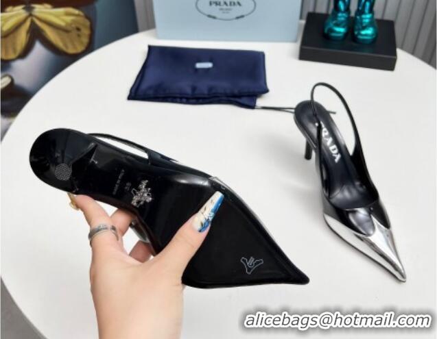 Buy Luxury Prada Slingback Pumps 8.5cm in Brushed Leather and Silver-Tone Glazed TPU Black 1227069