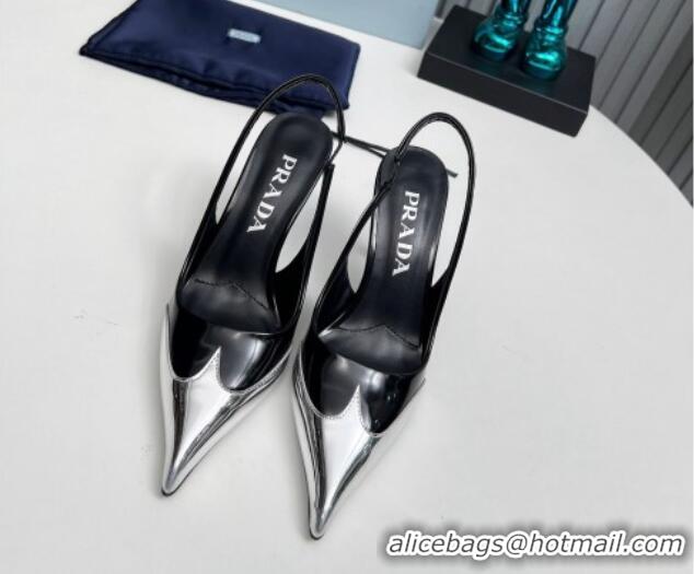 Buy Luxury Prada Slingback Pumps 8.5cm in Brushed Leather and Silver-Tone Glazed TPU Black 1227069