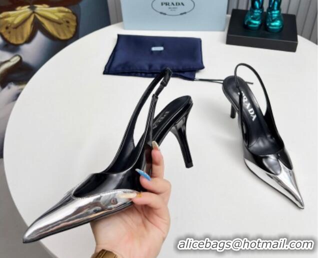 Buy Luxury Prada Slingback Pumps 8.5cm in Brushed Leather and Silver-Tone Glazed TPU Black 1227069