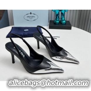 Perfect Prada Slingback Pumps 8.5cm in Calf Leather and Silver-Tone Glazed TPU 1227070