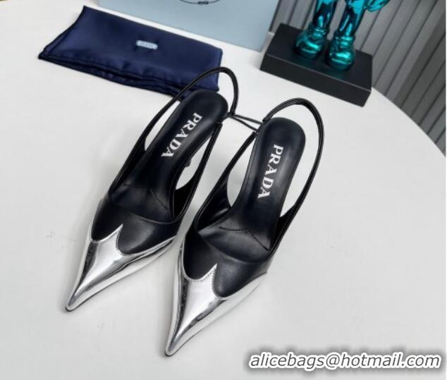 Perfect Prada Slingback Pumps 8.5cm in Calf Leather and Silver-Tone Glazed TPU 1227070