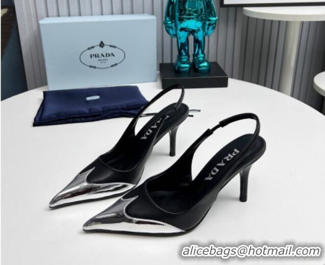 Perfect Prada Slingback Pumps 8.5cm in Calf Leather and Silver-Tone Glazed TPU 1227070