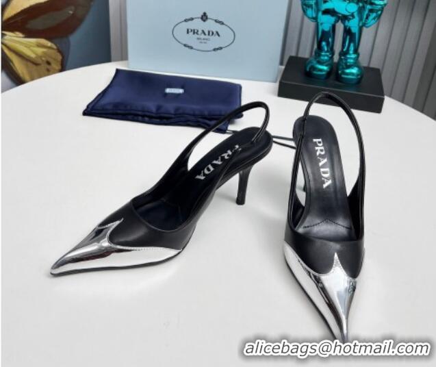 Perfect Prada Slingback Pumps 8.5cm in Calf Leather and Silver-Tone Glazed TPU 1227070