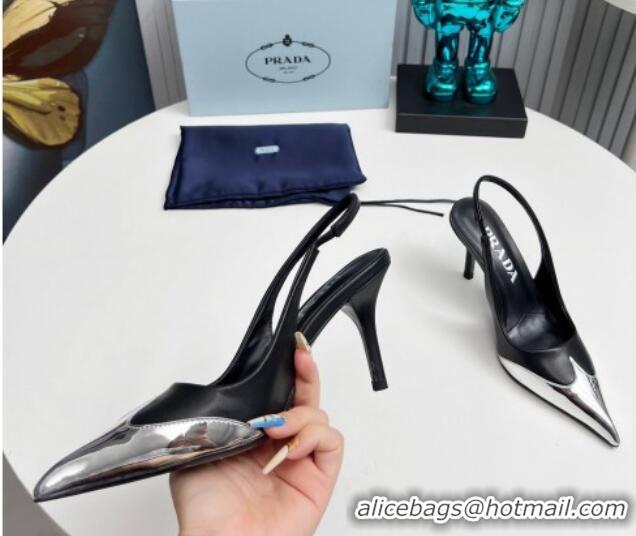 Perfect Prada Slingback Pumps 8.5cm in Calf Leather and Silver-Tone Glazed TPU 1227070