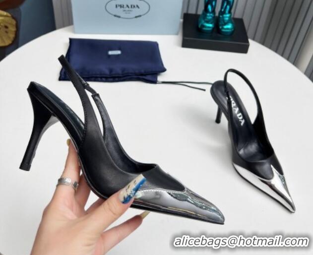 Perfect Prada Slingback Pumps 8.5cm in Calf Leather and Silver-Tone Glazed TPU 1227070