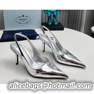 Pretty Style Prada Slingback Pumps 8.5cm in Brushed and Silver-Tone Glazed TPU Silver 1227071