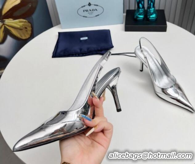 Pretty Style Prada Slingback Pumps 8.5cm in Brushed and Silver-Tone Glazed TPU Silver 1227071