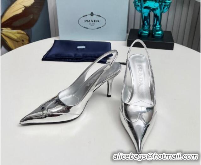 Pretty Style Prada Slingback Pumps 8.5cm in Brushed and Silver-Tone Glazed TPU Silver 1227071