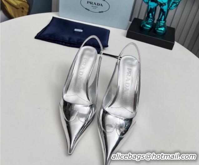 Pretty Style Prada Slingback Pumps 8.5cm in Brushed and Silver-Tone Glazed TPU Silver 1227071