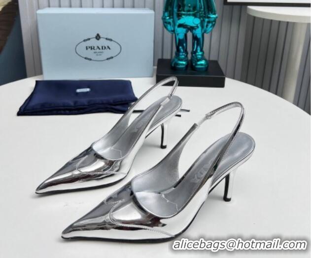 Pretty Style Prada Slingback Pumps 8.5cm in Brushed and Silver-Tone Glazed TPU Silver 1227071