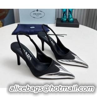 Grade Quality Prada Slingback Pumps 8.5cm in Satin and Silver-Tone Glazed TPU Black 1227072