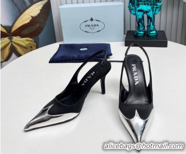 Grade Quality Prada Slingback Pumps 8.5cm in Satin and Silver-Tone Glazed TPU Black 1227072