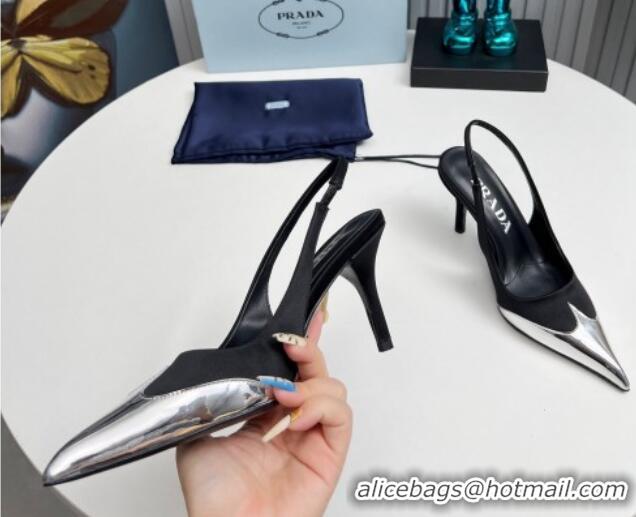 Grade Quality Prada Slingback Pumps 8.5cm in Satin and Silver-Tone Glazed TPU Black 1227072