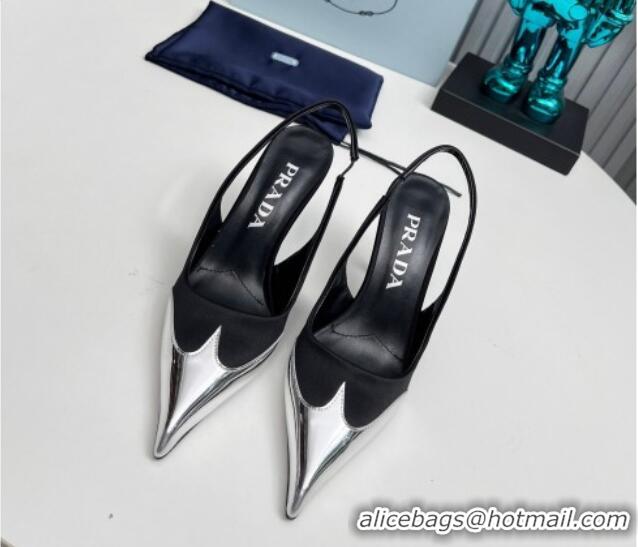 Grade Quality Prada Slingback Pumps 8.5cm in Satin and Silver-Tone Glazed TPU Black 1227072