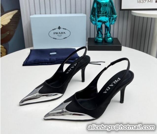 Grade Quality Prada Slingback Pumps 8.5cm in Satin and Silver-Tone Glazed TPU Black 1227072