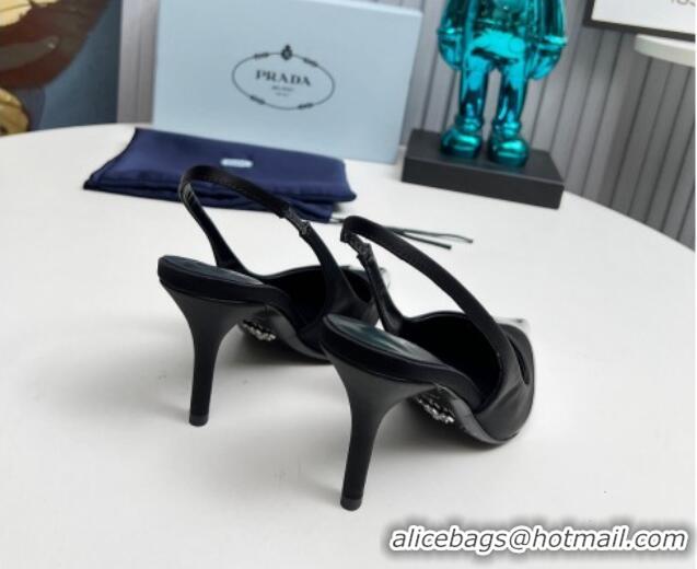 Grade Quality Prada Slingback Pumps 8.5cm in Satin and Silver-Tone Glazed TPU Black 1227072