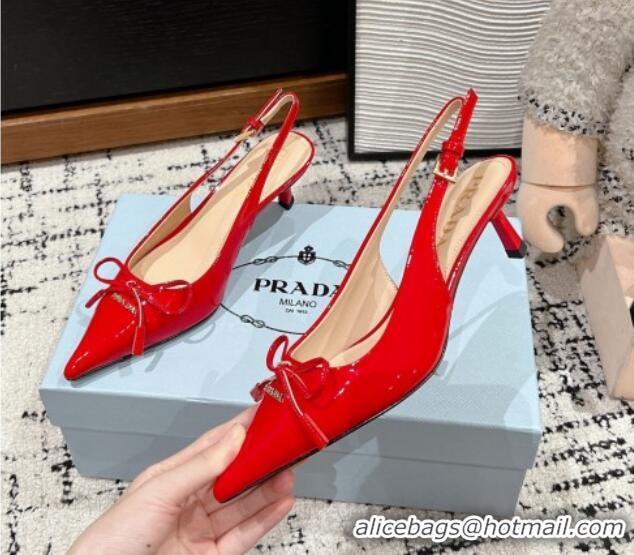 Good Quality Prada Brushed Leather Slingback Pumps 5.5cm with Bow Red 1227082