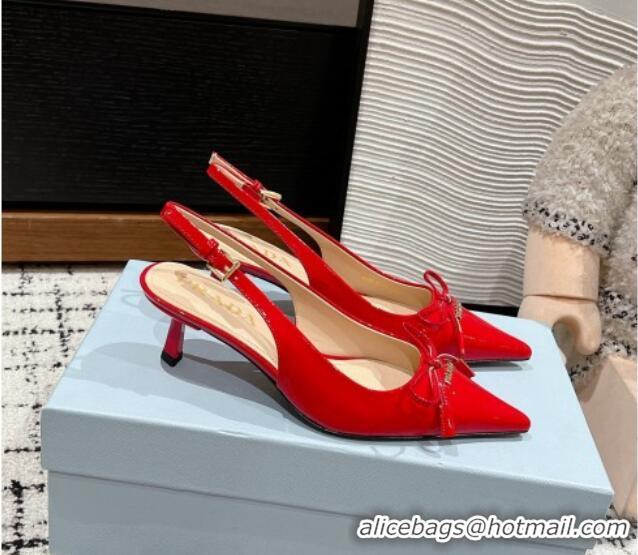 Good Quality Prada Brushed Leather Slingback Pumps 5.5cm with Bow Red 1227082