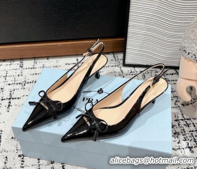 Pretty Style Prada Brushed Leather Slingback Pumps 5.5cm with Bow Black 1227083