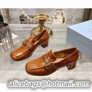 Low Price Prada Leather Loafers with Openwork Band Tan Brown 1227084